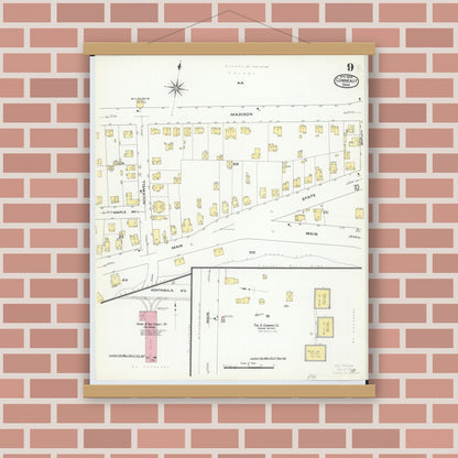 Old map wall art mockup — magnetic wood frame on brick wall — Sanborn Fire Insurance Map from Conneaut, Ashtabula County, Ohio (1909), Sheet #0009