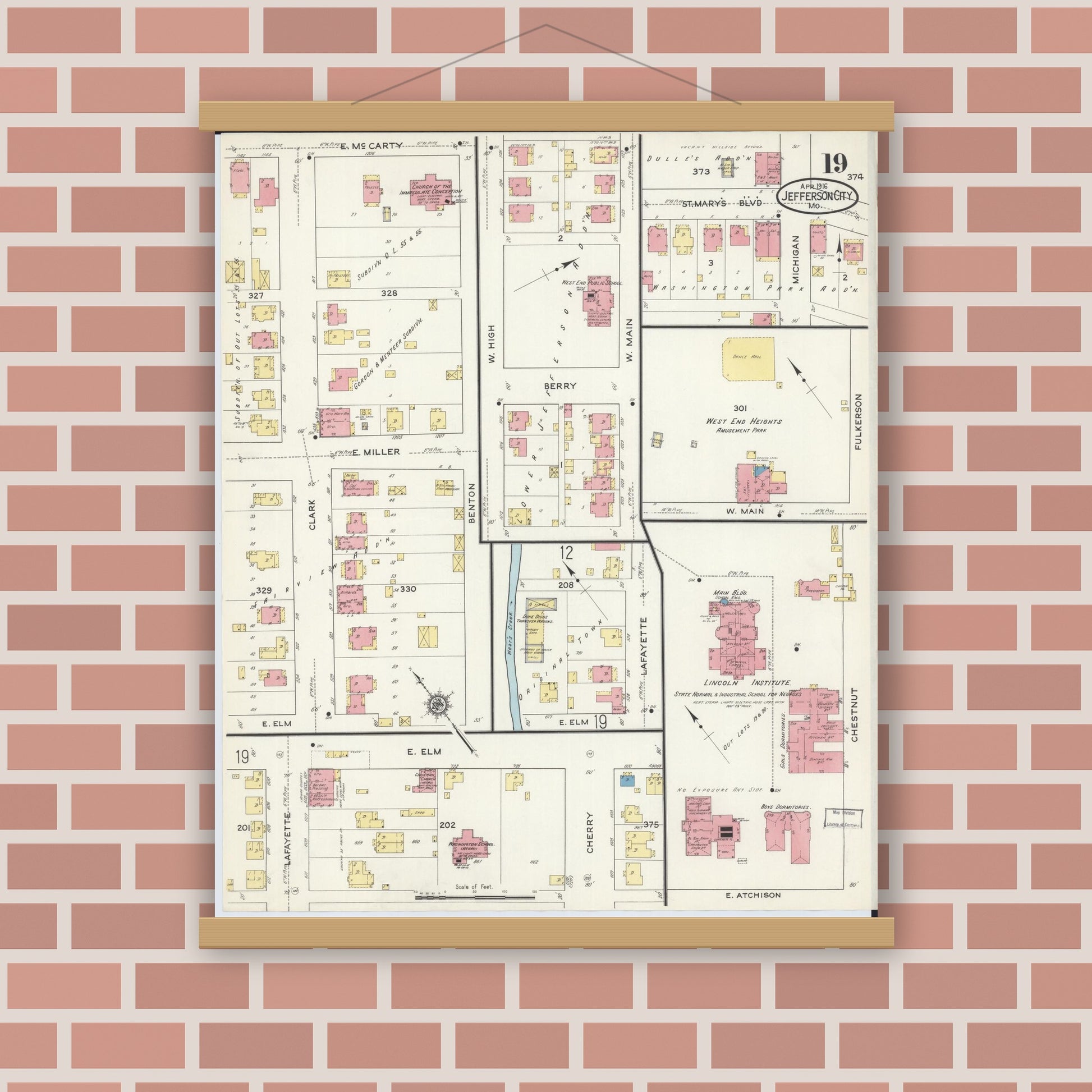 Old map wall art mockup — magnetic wood frame on brick wall — Sanborn Fire Insurance Map from Jefferson City, Cole County, Missouri (1916), Sheet #0019