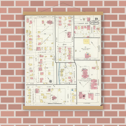 Old map wall art mockup — magnetic wood frame on brick wall — Sanborn Fire Insurance Map from Jefferson City, Cole County, Missouri (1916), Sheet #0019