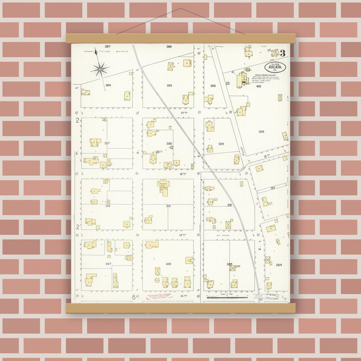 Old map wall art mockup — magnetic wood frame on brick wall — Sanborn Fire Insurance Map from Arcata, Humboldt County, California (1908), Sheet #0003