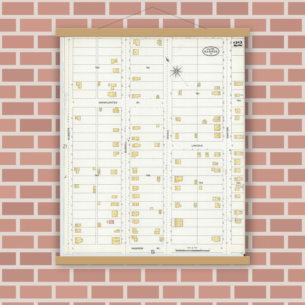 Old map wall art mockup — magnetic wood frame on brick wall — Sanborn Fire Insurance Map from Warren, Warren County, Pennsylvania (1904), Sheet #0022
