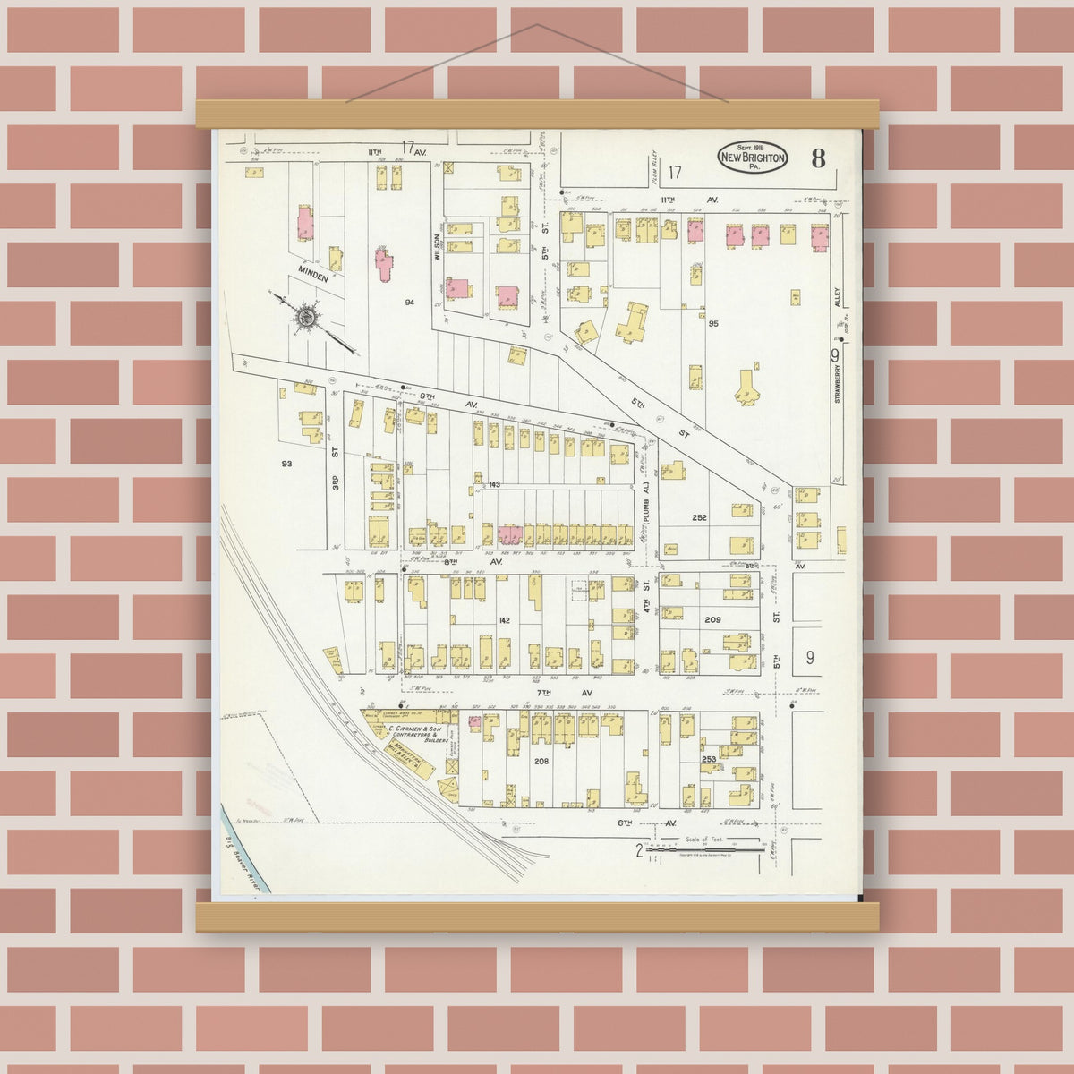 Old map wall art mockup — magnetic wood frame on brick wall — Sanborn Fire Insurance Map from New Brighton, Beaver County, Pennsylvania (1918), Sheet #0008