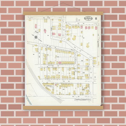 Old map wall art mockup — magnetic wood frame on brick wall — Sanborn Fire Insurance Map from New Brighton, Beaver County, Pennsylvania (1918), Sheet #0008