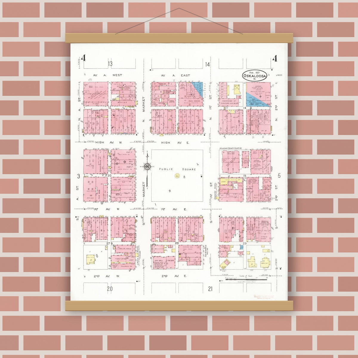 Old map wall art mockup — magnetic wood frame on brick wall — Sanborn Fire Insurance Map from Oskaloosa, Mahaska County, Iowa (1927), Sheet #0004