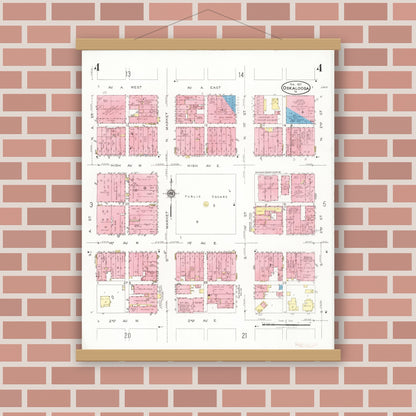 Old map wall art mockup — magnetic wood frame on brick wall — Sanborn Fire Insurance Map from Oskaloosa, Mahaska County, Iowa (1927), Sheet #0004