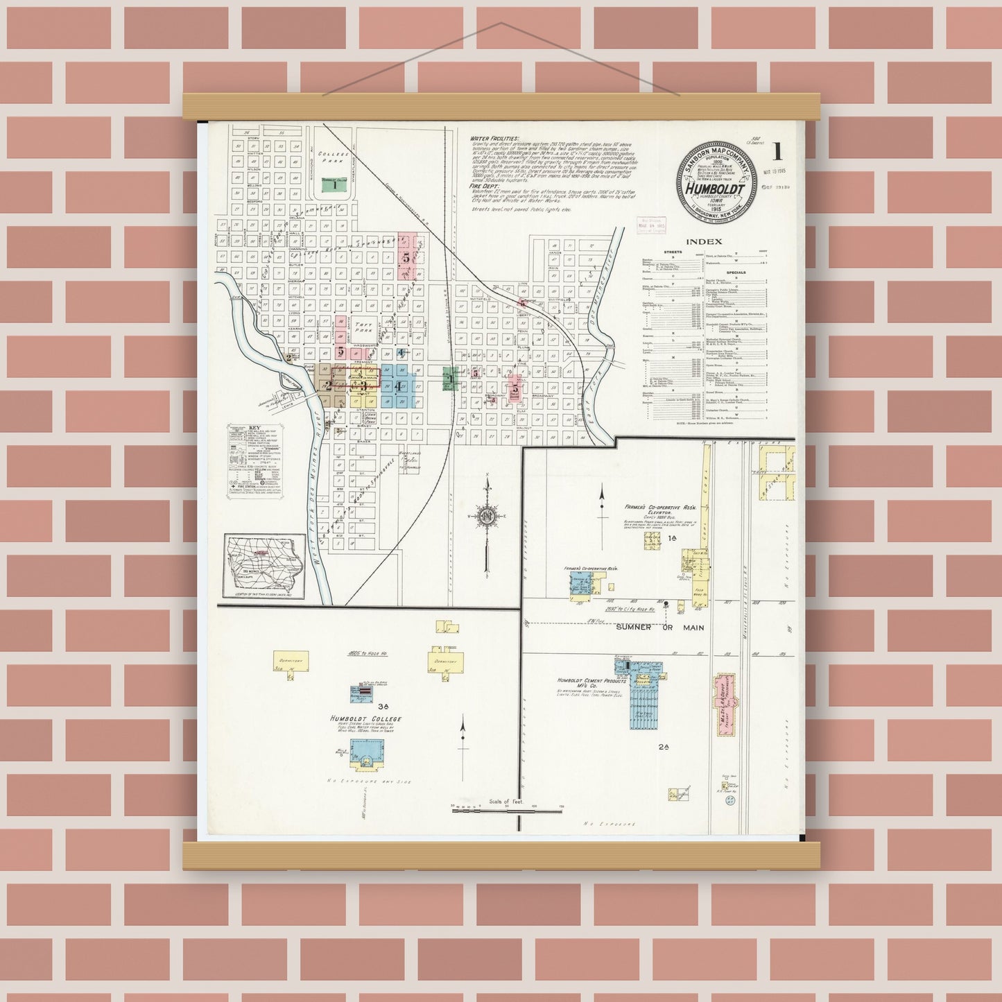 Old map wall art mockup — magnetic wood frame on brick wall — Sanborn Fire Insurance Map from Humboldt, Humboldt County, Iowa (1915) â€” Complete Set