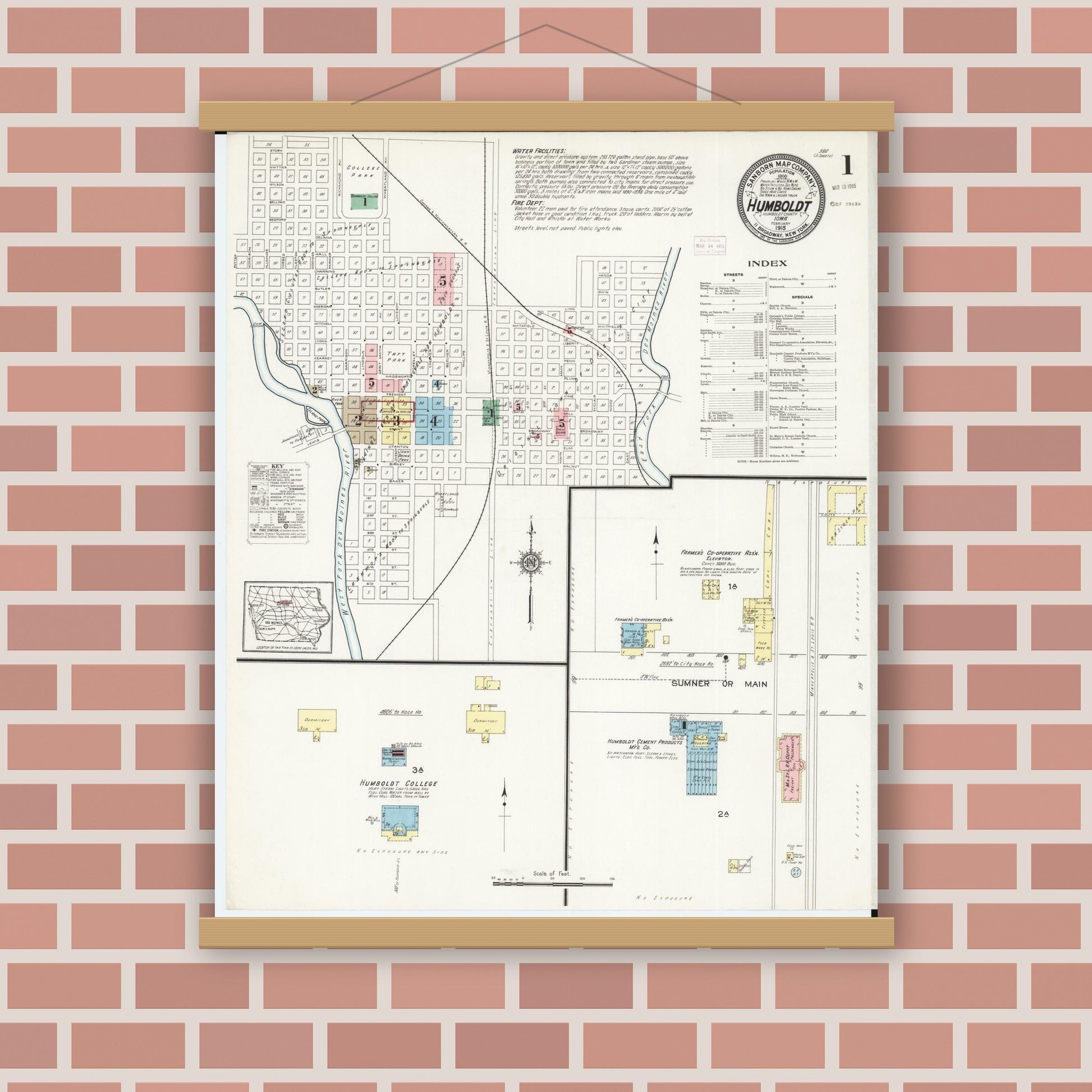 Old map wall art mockup — magnetic wood frame on brick wall — Sanborn Fire Insurance Map from Humboldt, Humboldt County, Iowa (1915) â€” Complete Set