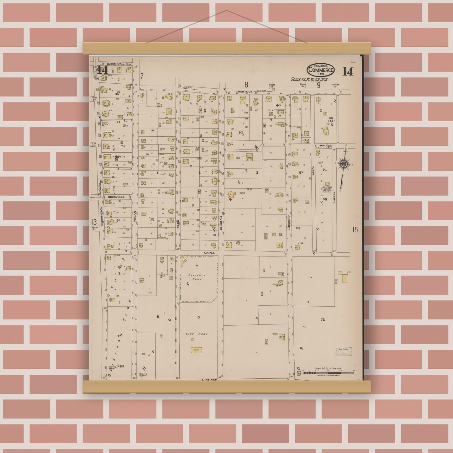 Old map wall art mockup — magnetic wood frame on brick wall — Sanborn Fire Insurance Map from Commerce, Hunt County, Texas (1922), Sheet #0014