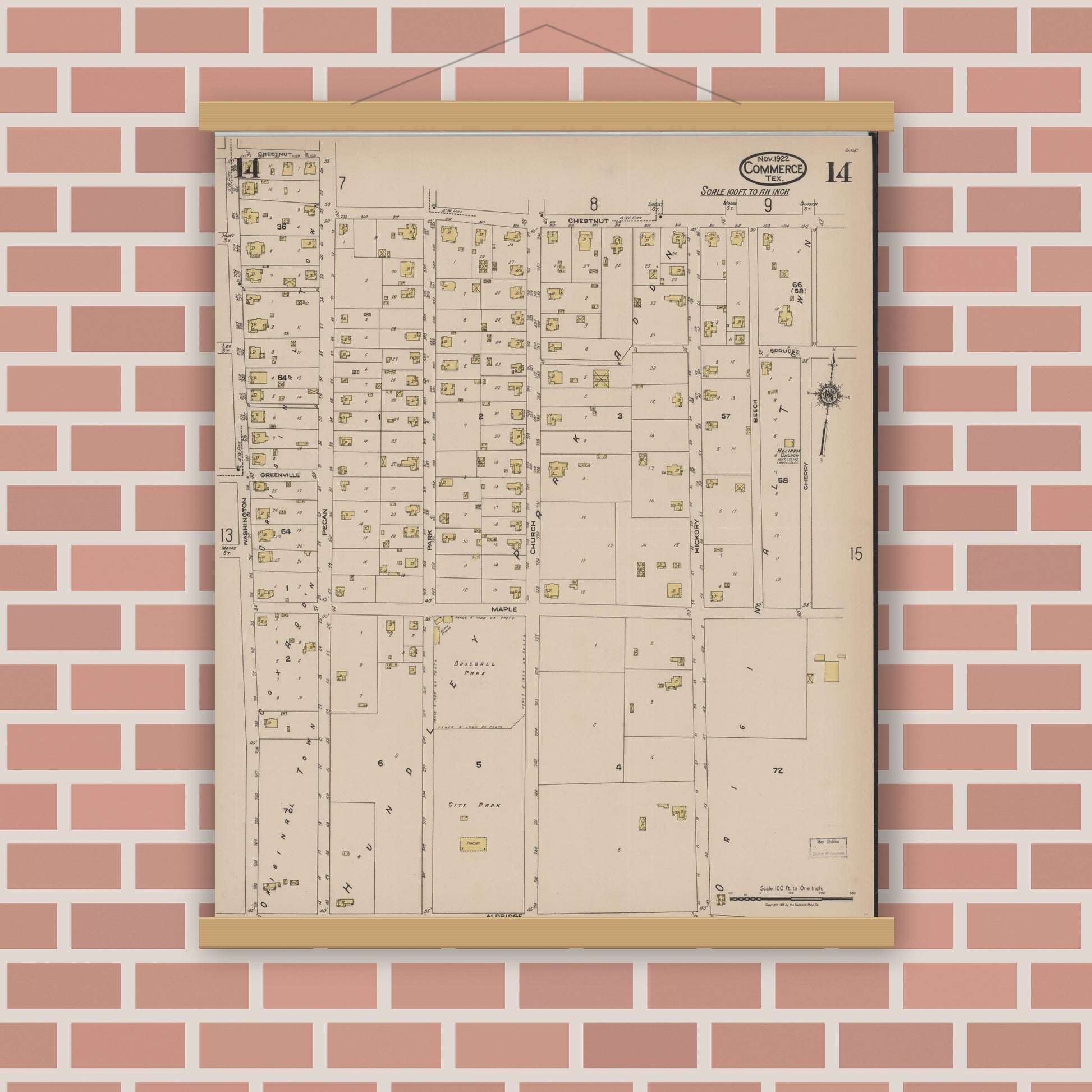 Old map wall art mockup — magnetic wood frame on brick wall — Sanborn Fire Insurance Map from Commerce, Hunt County, Texas (1922), Sheet #0014