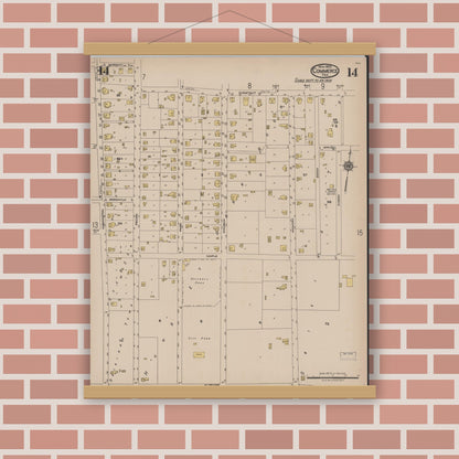 Old map wall art mockup — magnetic wood frame on brick wall — Sanborn Fire Insurance Map from Commerce, Hunt County, Texas (1922), Sheet #0014