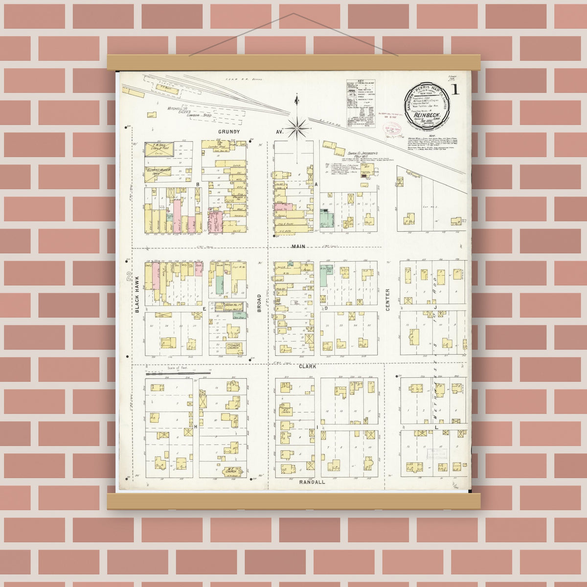 Old map wall art mockup — magnetic wood frame on brick wall — Sanborn Fire Insurance Map from Reinbeck, Grundy County, Iowa (1895) â€” Complete Set
