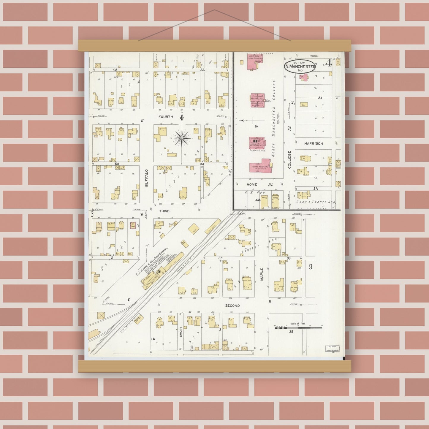 Old map wall art mockup — magnetic wood frame on brick wall — Sanborn Fire Insurance Map from North Manchester, Wabash County, Indiana (1907), Sheet #0004