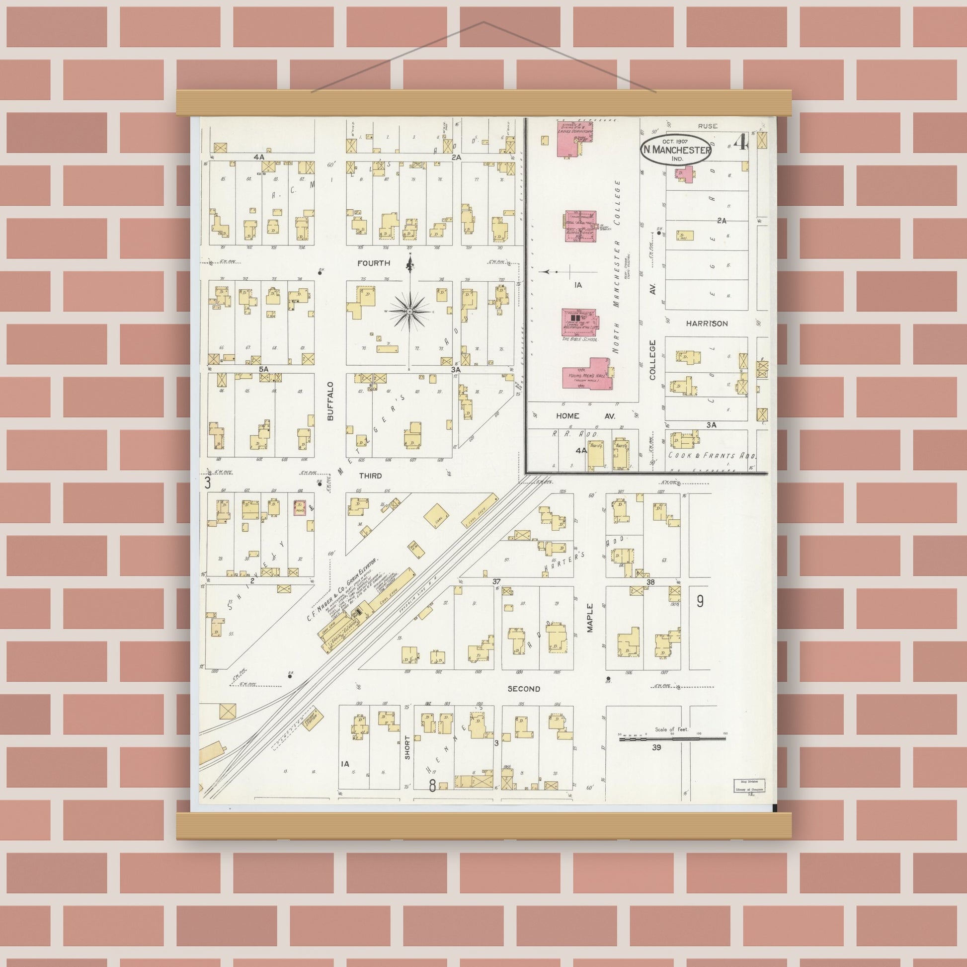 Old map wall art mockup — magnetic wood frame on brick wall — Sanborn Fire Insurance Map from North Manchester, Wabash County, Indiana (1907), Sheet #0004