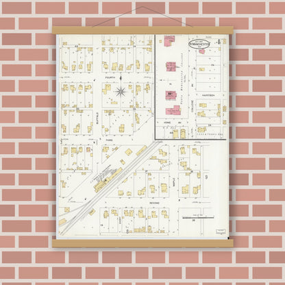 Old map wall art mockup — magnetic wood frame on brick wall — Sanborn Fire Insurance Map from North Manchester, Wabash County, Indiana (1907), Sheet #0004