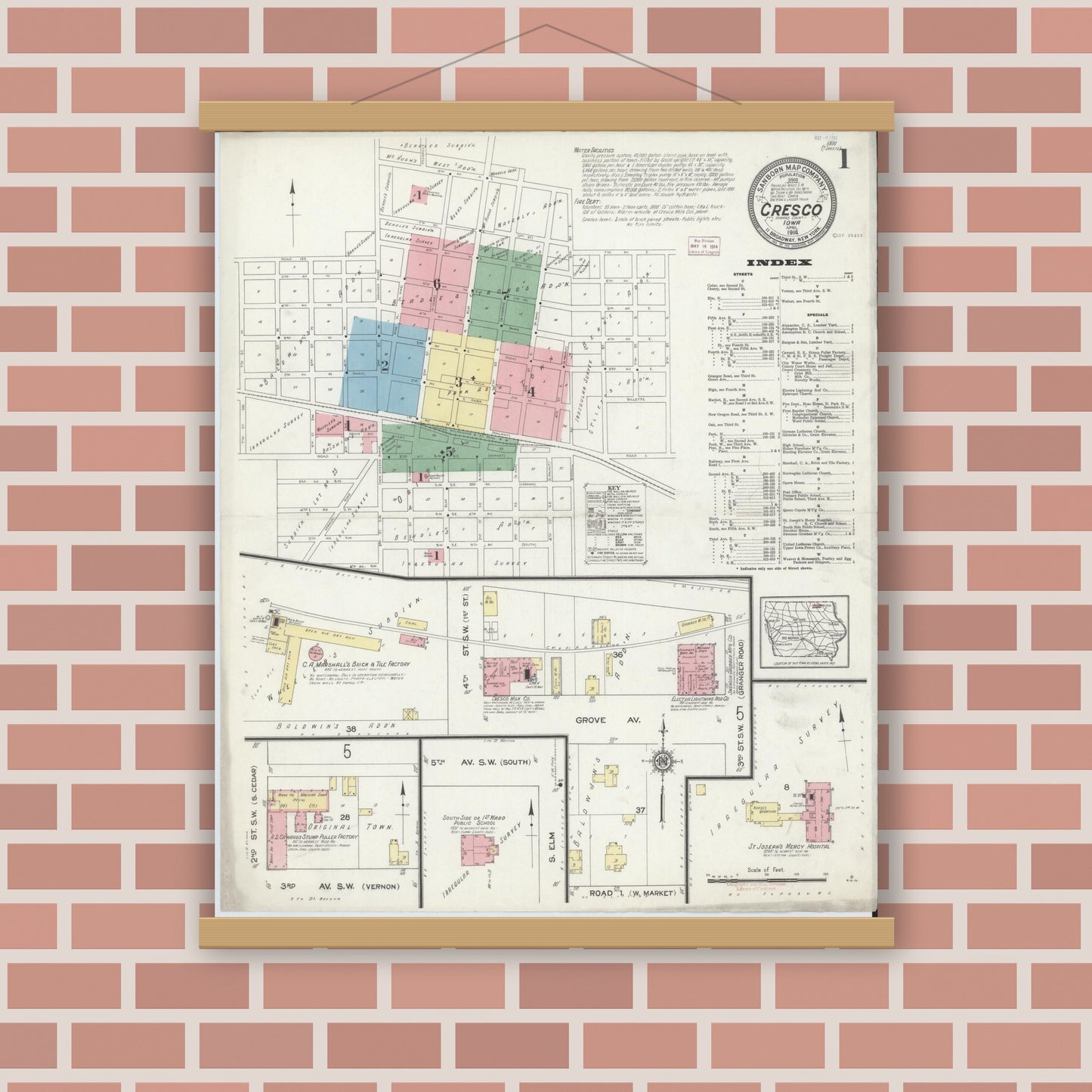 Old map wall art mockup — magnetic wood frame on brick wall — Sanborn Fire Insurance Map from Cresco, Howard County, Iowa (1914) â€” Complete Set