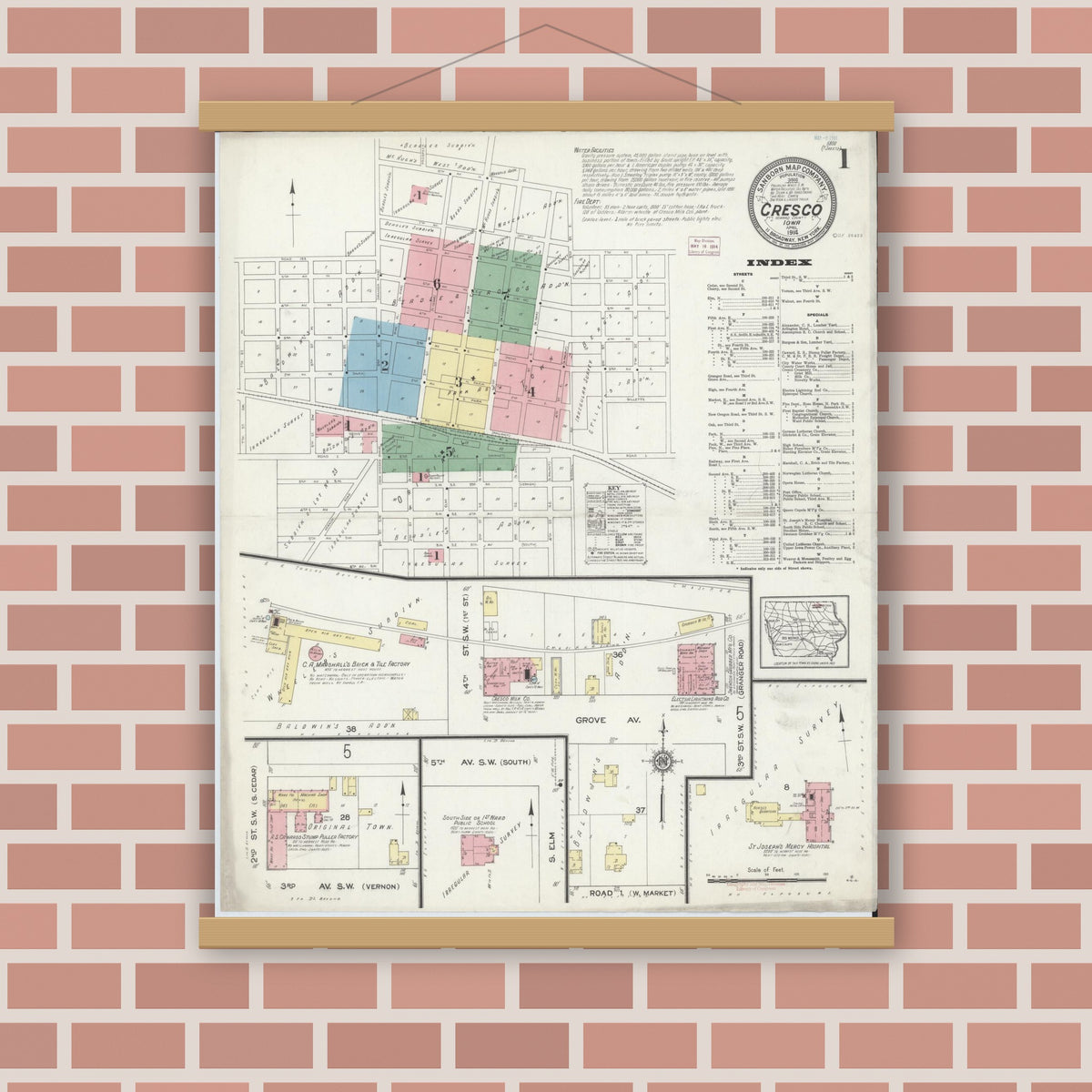 Old map wall art mockup — magnetic wood frame on brick wall — Sanborn Fire Insurance Map from Cresco, Howard County, Iowa (1914) â€” Complete Set