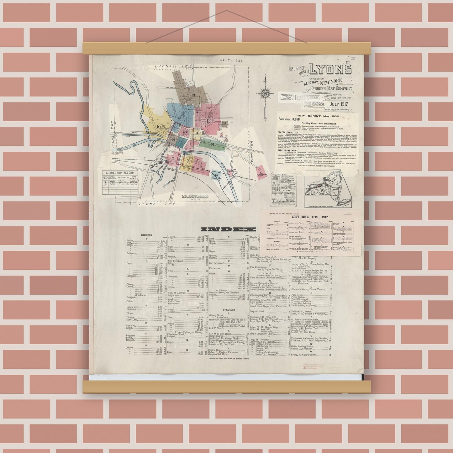 Old map wall art mockup — magnetic wood frame on brick wall — Sanborn Fire Insurance Map from Lyons, Wayne County, New York (1949) - Complete Map Set