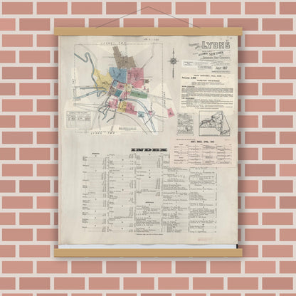 Old map wall art mockup — magnetic wood frame on brick wall — Sanborn Fire Insurance Map from Lyons, Wayne County, New York (1949) - Complete Map Set