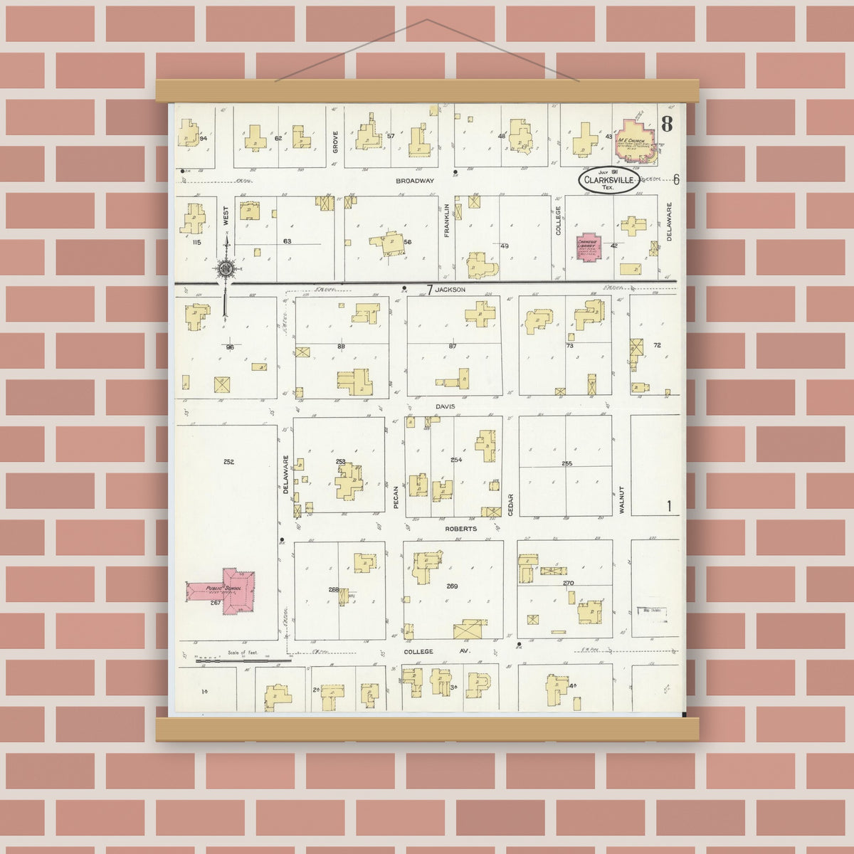Old map wall art mockup — magnetic wood frame on brick wall — Sanborn Fire Insurance Map from Clarksville, Red River County, Texas (1911), Sheet #0008
