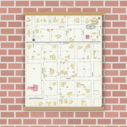 Old map wall art mockup — magnetic wood frame on brick wall — Sanborn Fire Insurance Map from Clarksville, Red River County, Texas (1911), Sheet #0008