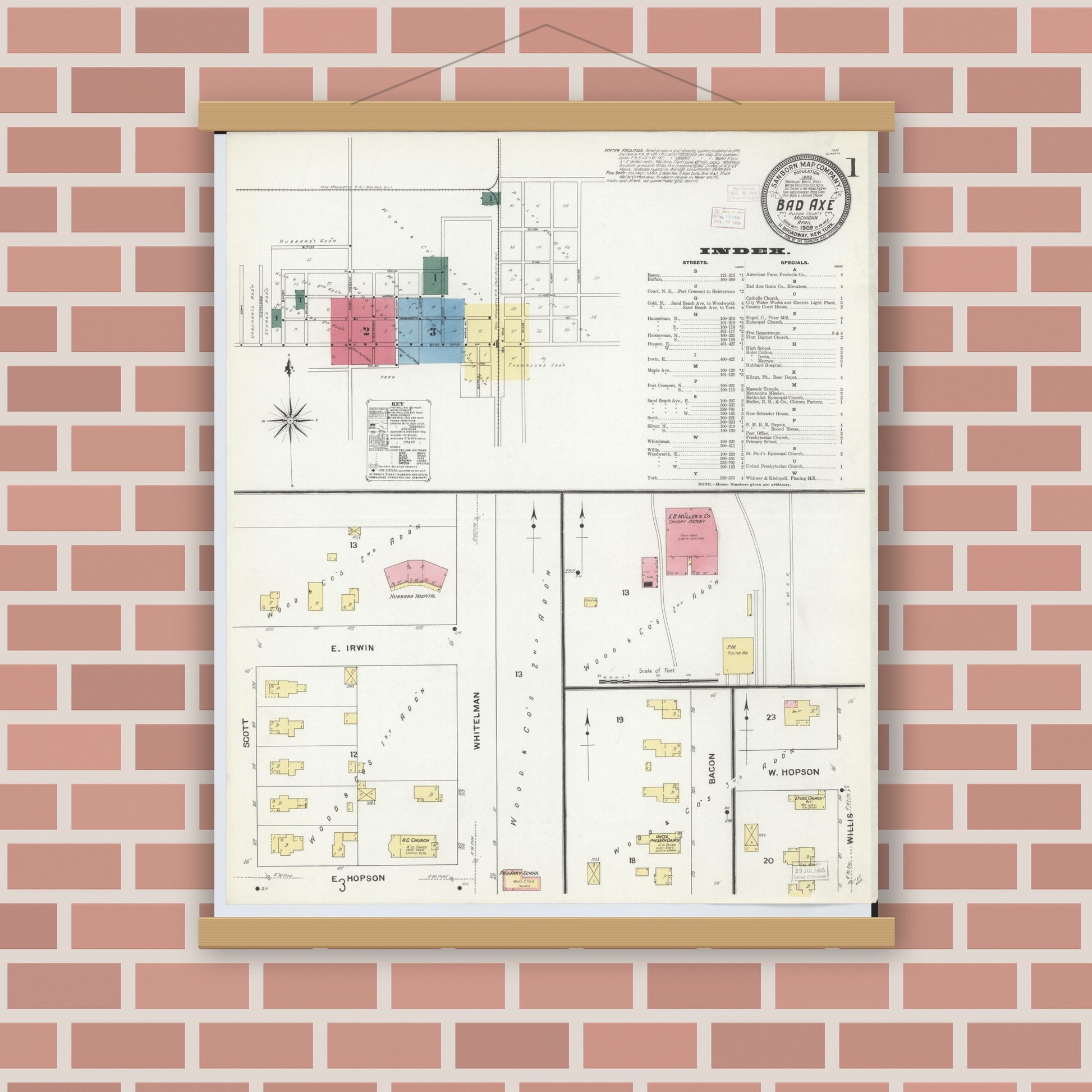 Old map wall art mockup — magnetic wood frame on brick wall — Sanborn Fire Insurance Map from Bad Axe, Huron County, Michigan (1909), Sheet #0001