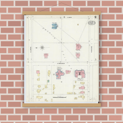 Old map wall art mockup — magnetic wood frame on brick wall — Sanborn Fire Insurance Map from Oberlin, Lorain County, Ohio (1897), Sheet #0002
