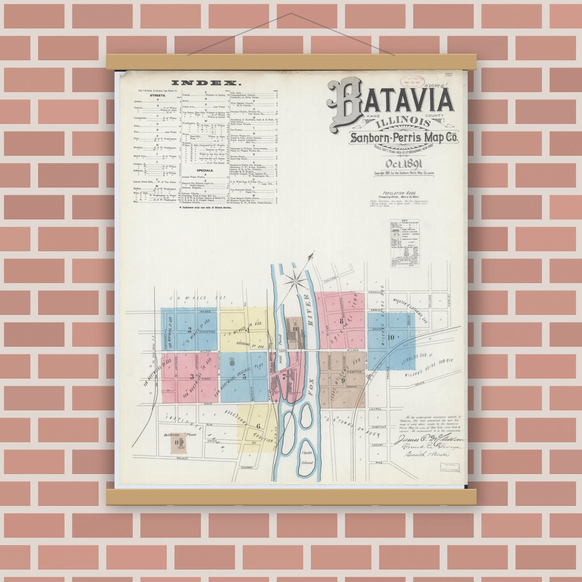 Old map wall art mockup — magnetic wood frame on brick wall — Sanborn Fire Insurance Map from Batavia, Kane County, Illinois (1891) - Complete Map Set