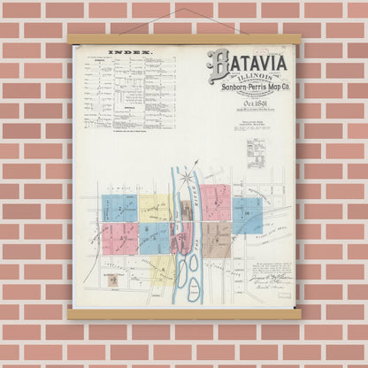 Old map wall art mockup — magnetic wood frame on brick wall — Sanborn Fire Insurance Map from Batavia, Kane County, Illinois (1891) - Complete Map Set