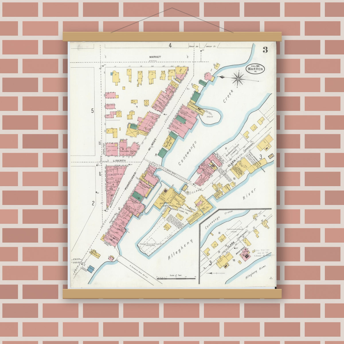 Old map wall art mockup — magnetic wood frame on brick wall — Sanborn Fire Insurance Map from Warren, Warren County, Pennsylvania (1904), Sheet #0003
