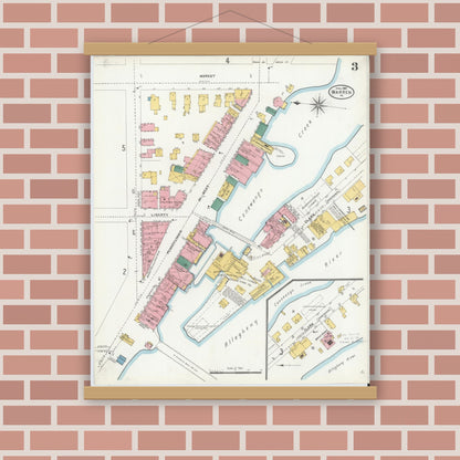 Old map wall art mockup — magnetic wood frame on brick wall — Sanborn Fire Insurance Map from Warren, Warren County, Pennsylvania (1904), Sheet #0003