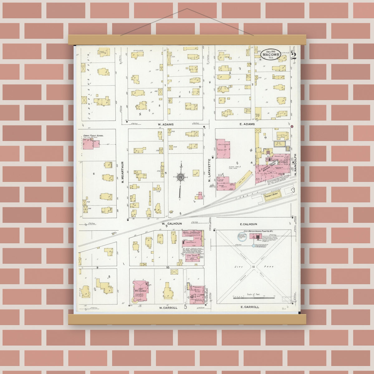 Old map wall art mockup — magnetic wood frame on brick wall — Sanborn Fire Insurance Map from Macomb, Mcdonough County, Illinois (1910), Sheet #0002