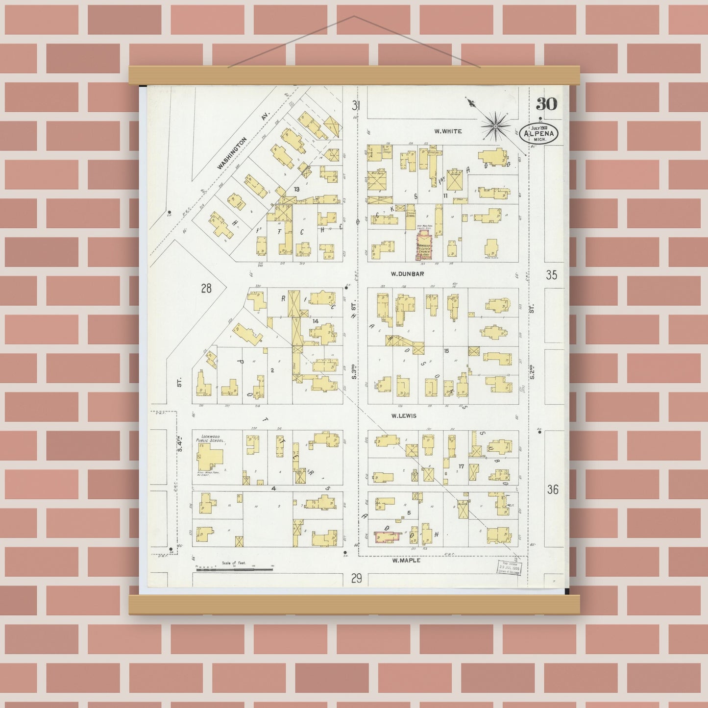 Old map wall art mockup — magnetic wood frame on brick wall — Sanborn Fire Insurance Map from Alpena, Alpena County, Michigan (1901), Sheet #0030