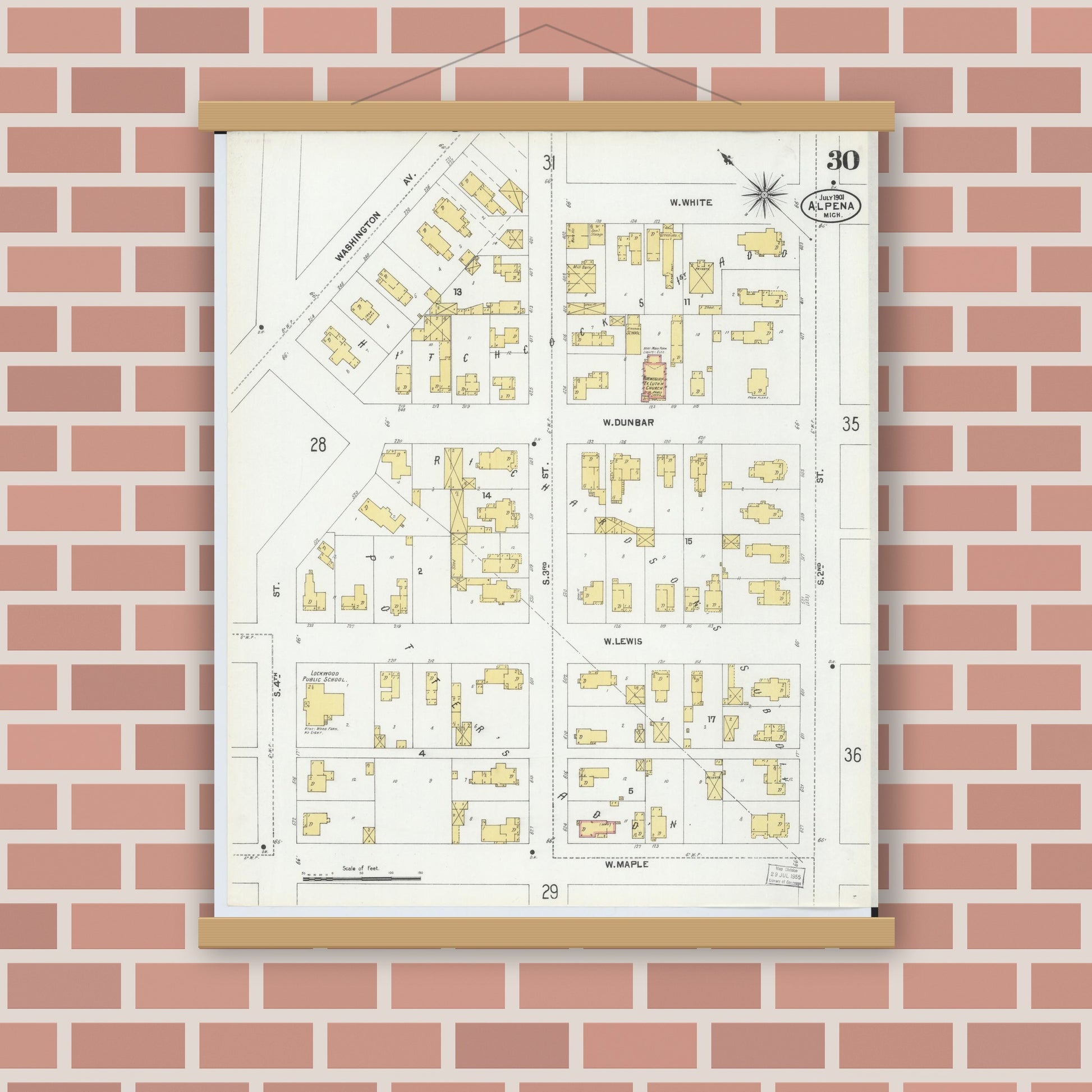 Old map wall art mockup — magnetic wood frame on brick wall — Sanborn Fire Insurance Map from Alpena, Alpena County, Michigan (1901), Sheet #0030