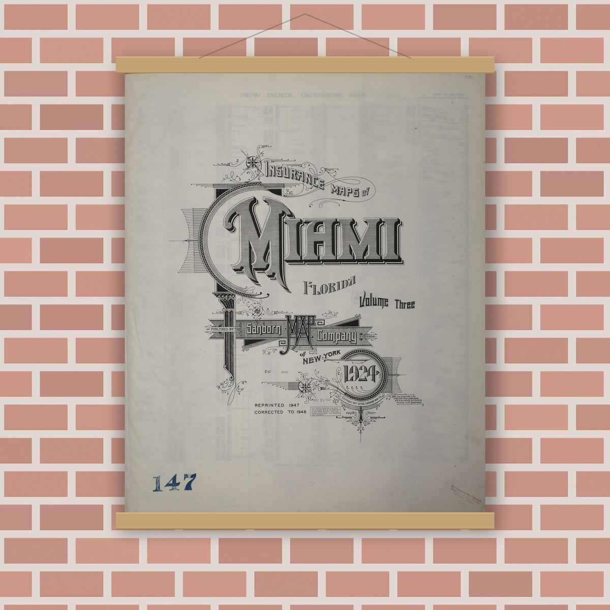 Old map wall art mockup — magnetic wood frame on brick wall — Sanborn Fire Insurance Map from Miami, Dade County, Florida (1947), Sheet #0001