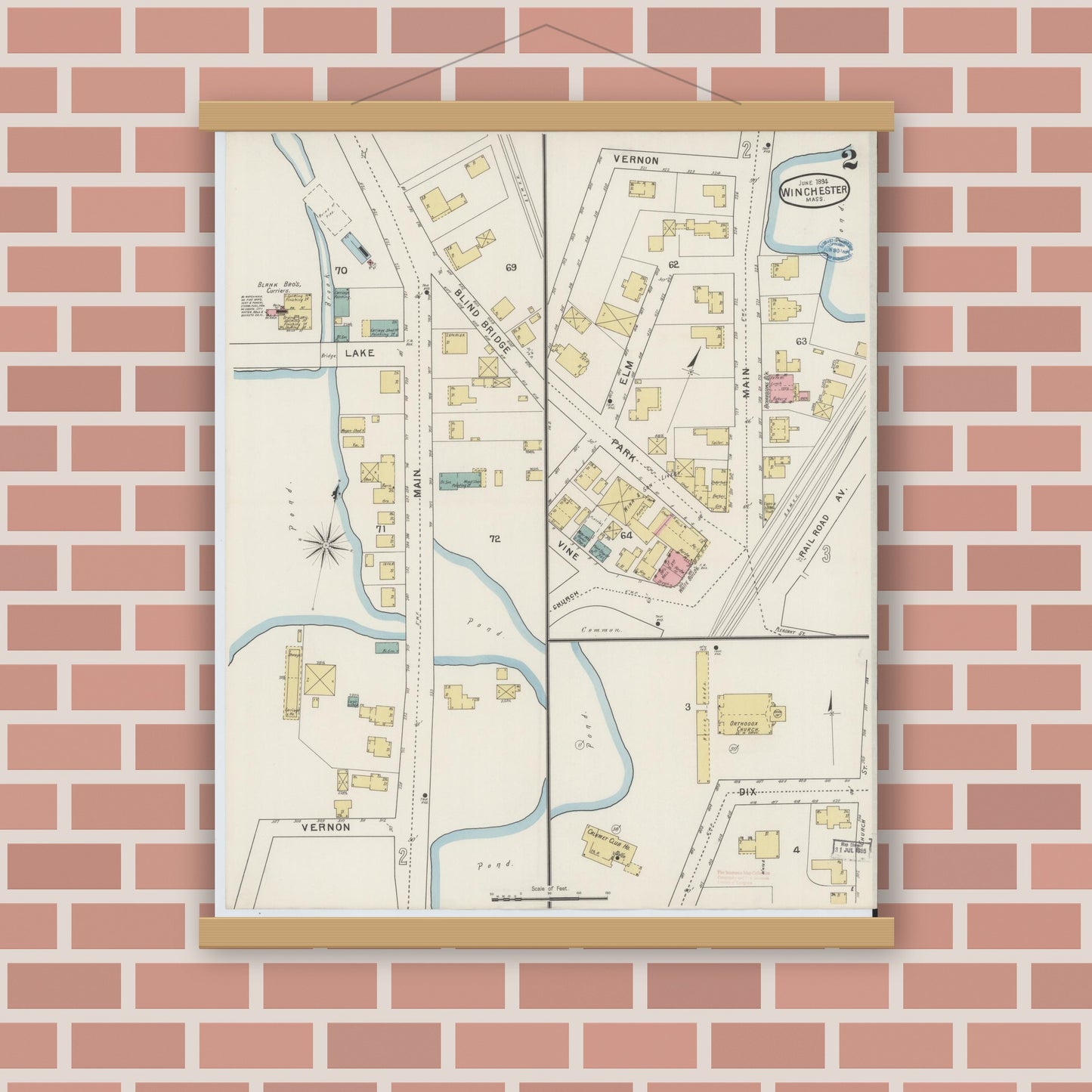 Old map wall art mockup — magnetic wood frame on brick wall — Sanborn Fire Insurance Map from Winchester, Middlesex County, Massachusetts (1894), Sheet #0002