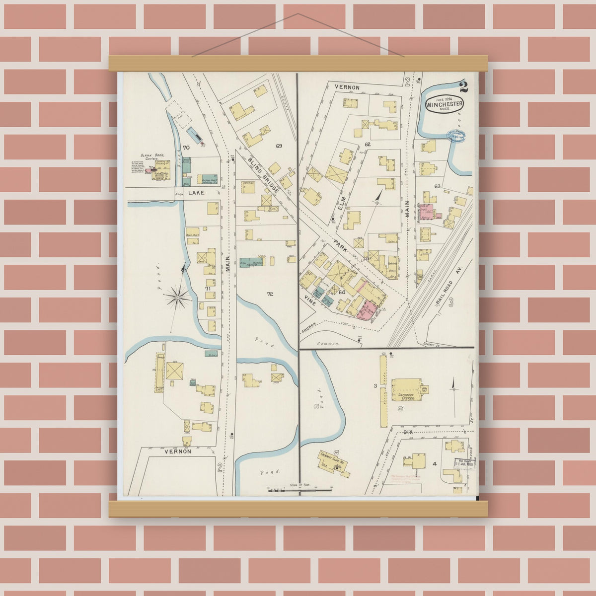 Old map wall art mockup — magnetic wood frame on brick wall — Sanborn Fire Insurance Map from Winchester, Middlesex County, Massachusetts (1894), Sheet #0002
