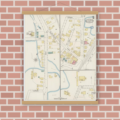 Old map wall art mockup — magnetic wood frame on brick wall — Sanborn Fire Insurance Map from Winchester, Middlesex County, Massachusetts (1894), Sheet #0002