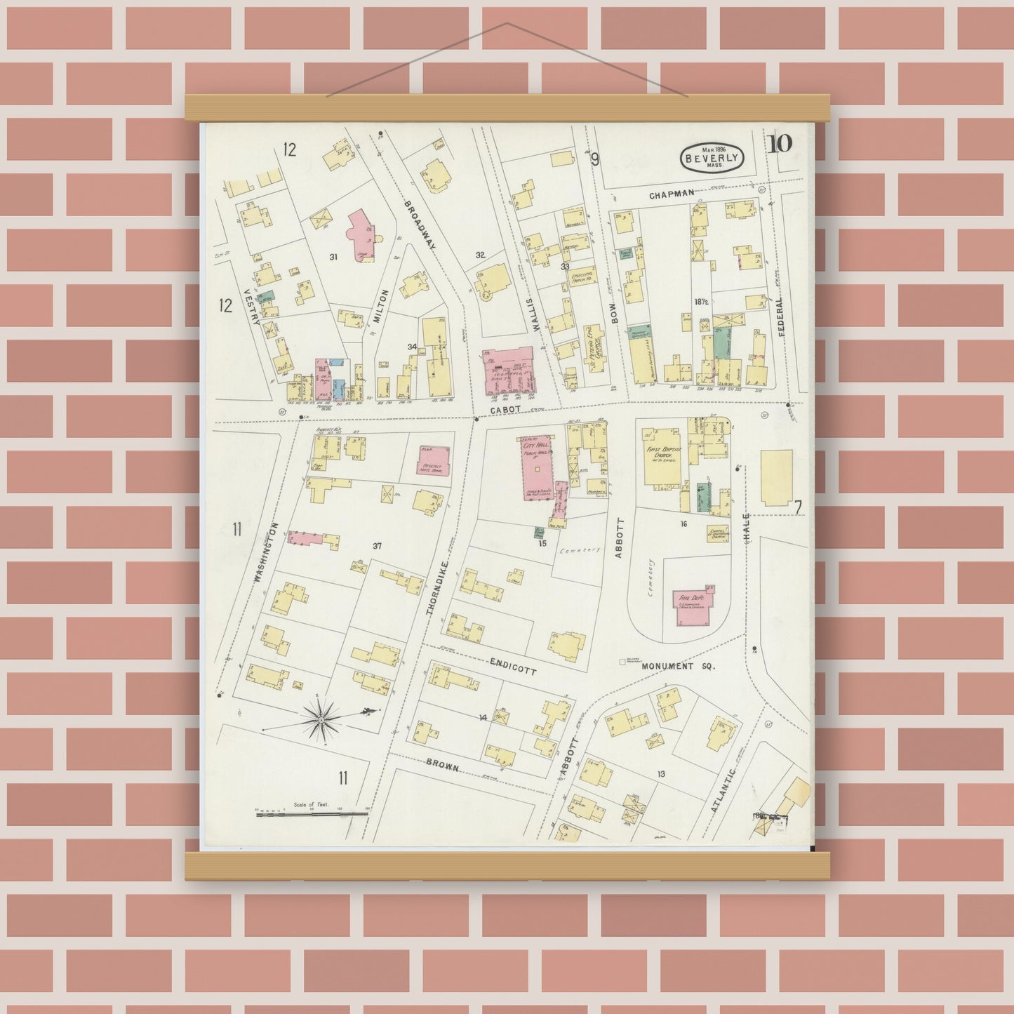 Old map wall art mockup — magnetic wood frame on brick wall — Sanborn Fire Insurance Map from Beverly, Essex County, Massachusetts (1896), Sheet #0010