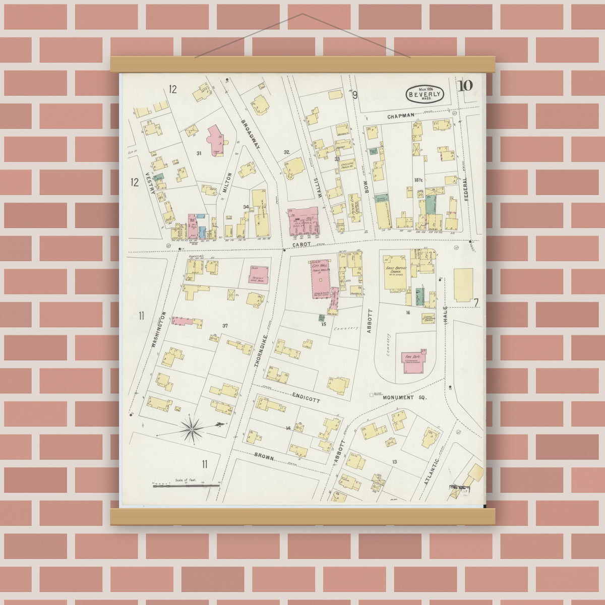 Old map wall art mockup — magnetic wood frame on brick wall — Sanborn Fire Insurance Map from Beverly, Essex County, Massachusetts (1896), Sheet #0010