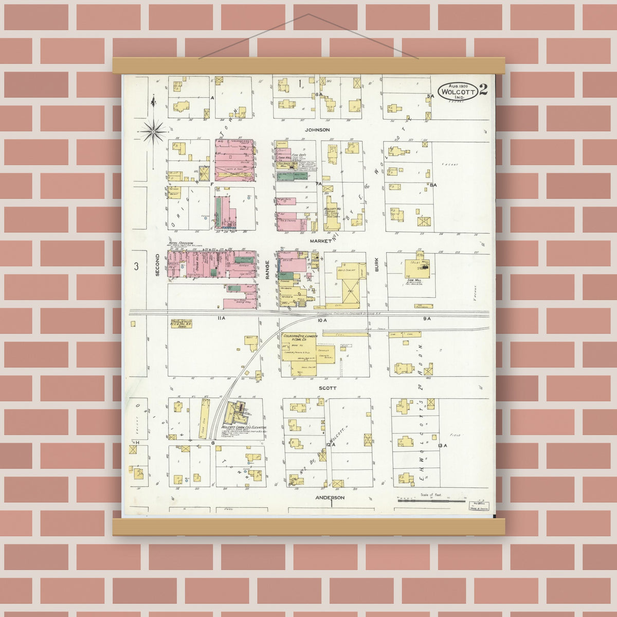 Old map wall art mockup — magnetic wood frame on brick wall — Sanborn Fire Insurance Map from Wolcott, White County, Indiana (1909), Sheet #0002