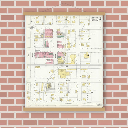 Old map wall art mockup — magnetic wood frame on brick wall — Sanborn Fire Insurance Map from Wolcott, White County, Indiana (1909), Sheet #0002