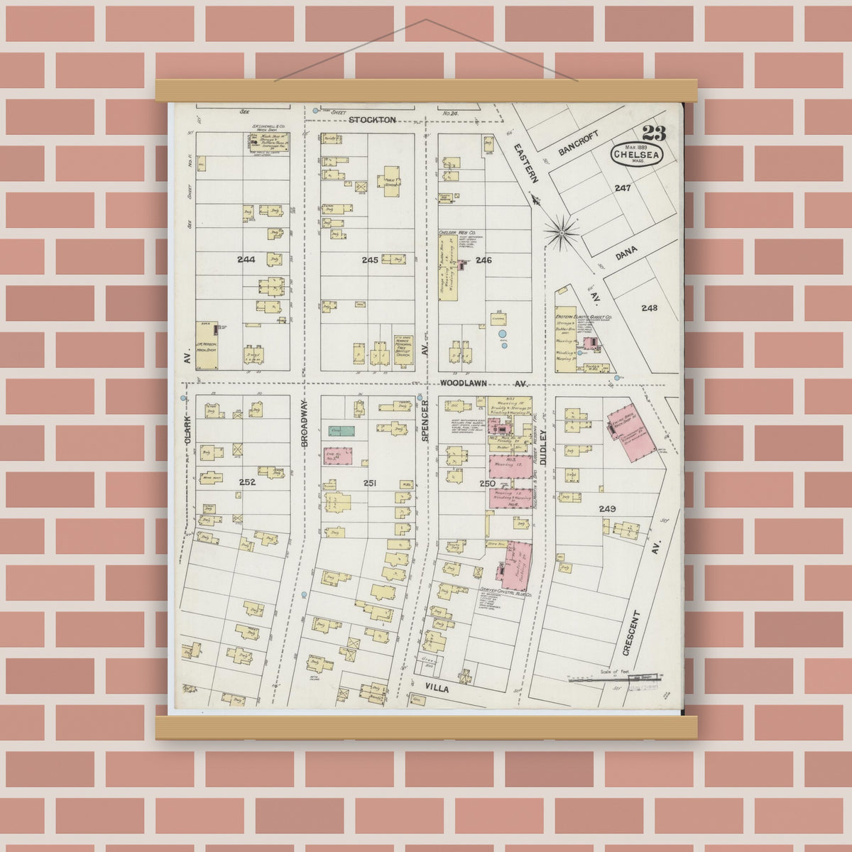 Old map wall art mockup — magnetic wood frame on brick wall — Sanborn Fire Insurance Map from Chelsea, Suffolk County, Massachusetts (1889), Sheet #0023