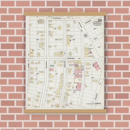 Old map wall art mockup — magnetic wood frame on brick wall — Sanborn Fire Insurance Map from Chelsea, Suffolk County, Massachusetts (1889), Sheet #0023