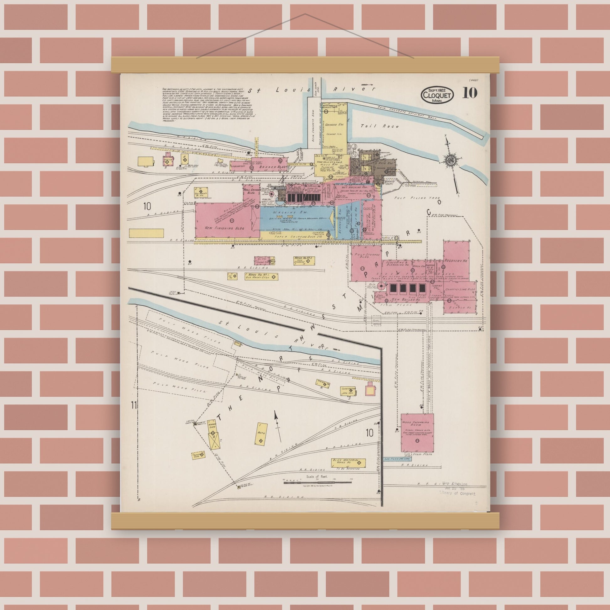 Old map wall art mockup — magnetic wood frame on brick wall — Sanborn Fire Insurance Map from Cloquet, Carlton County, Minnesota (1922), Sheet #0010