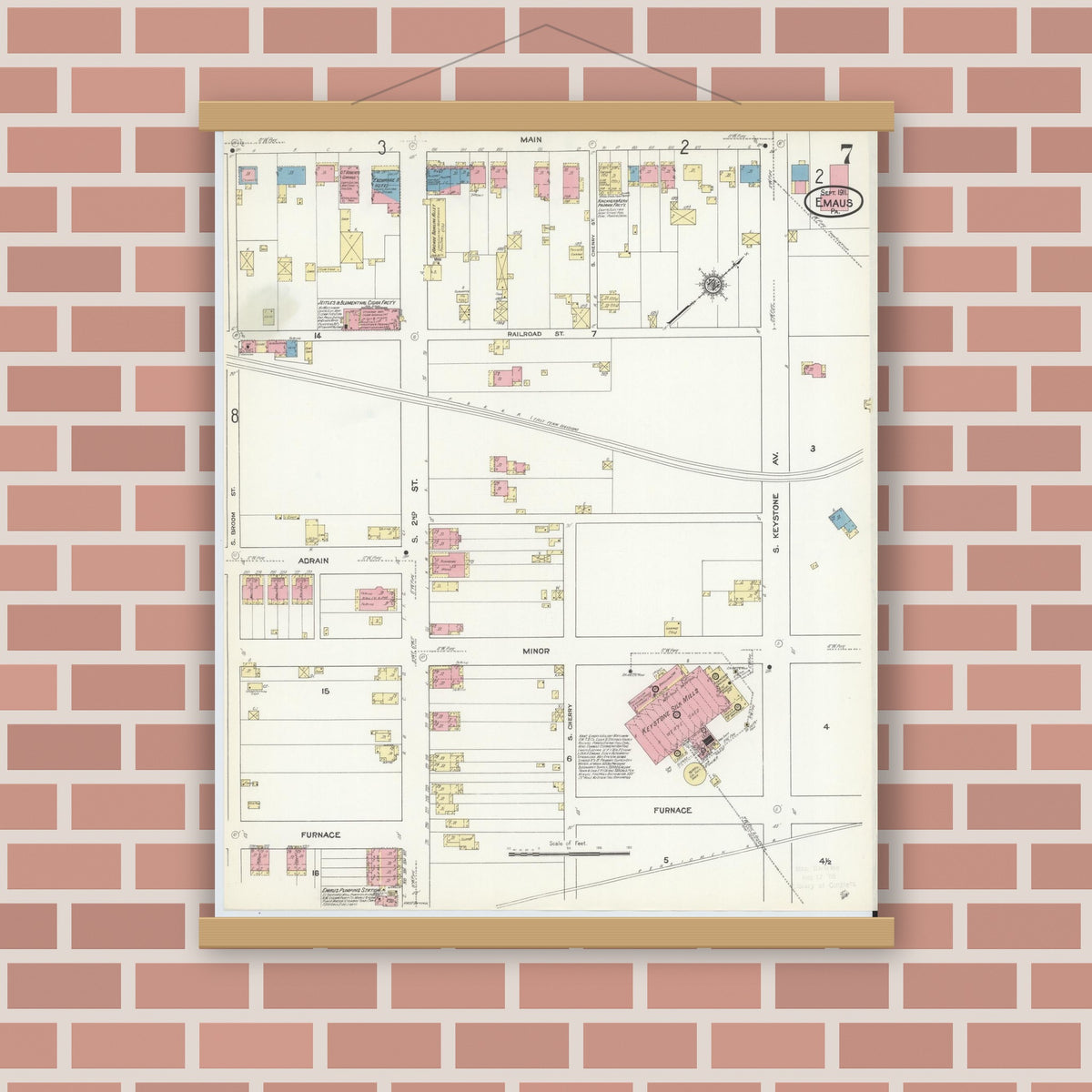 Old map wall art mockup — magnetic wood frame on brick wall — Sanborn Fire Insurance Map from Emaus, Lehigh County, Pennsylvania (1911), Sheet #0007