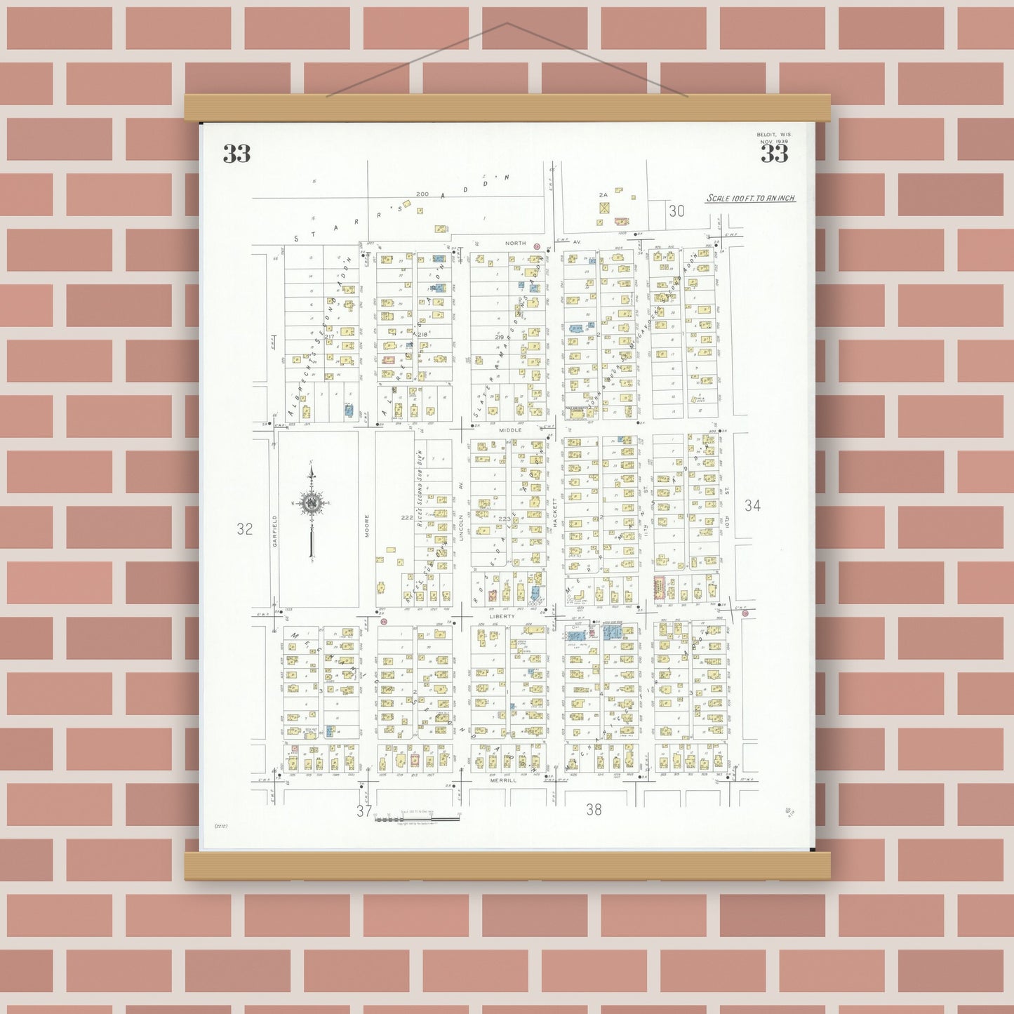 Old map wall art mockup — magnetic wood frame on brick wall — Sanborn Fire Insurance Map from Beloit, Rock County, Wisconsin (1939), Sheet #0033