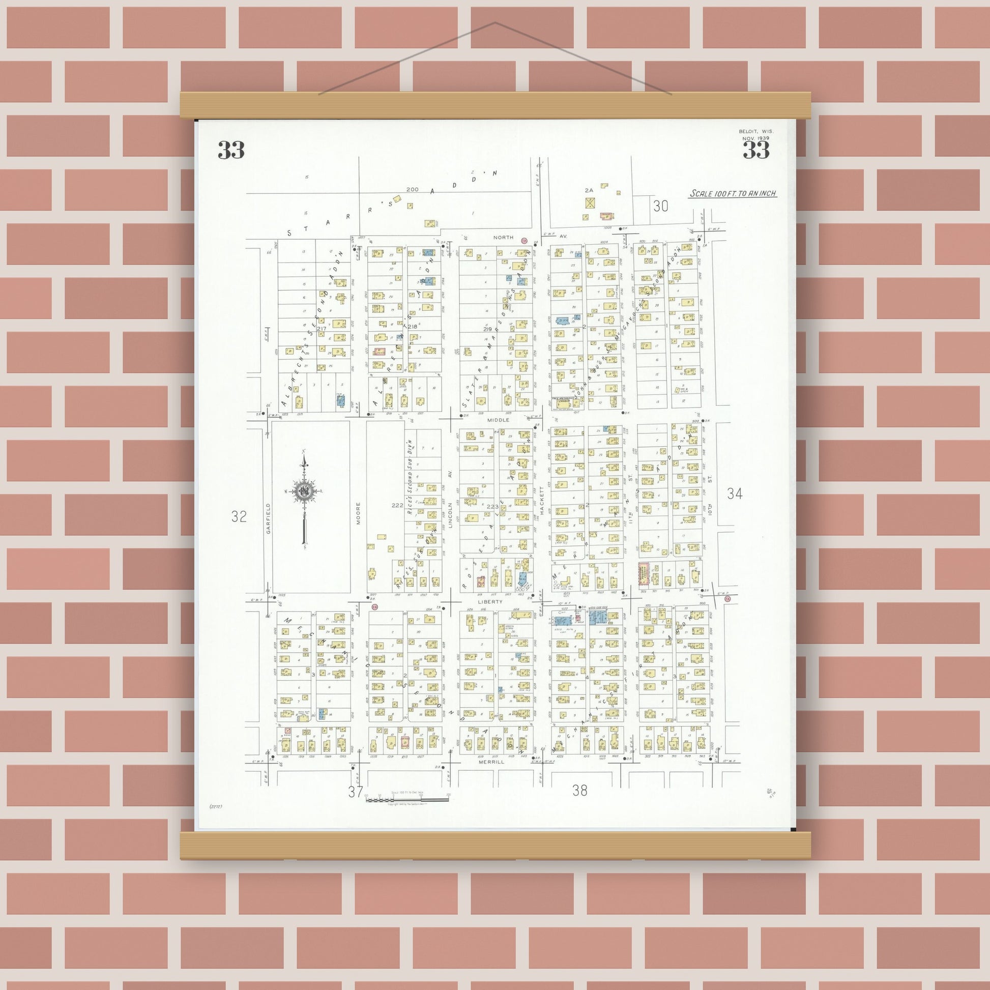 Old map wall art mockup — magnetic wood frame on brick wall — Sanborn Fire Insurance Map from Beloit, Rock County, Wisconsin (1939), Sheet #0033
