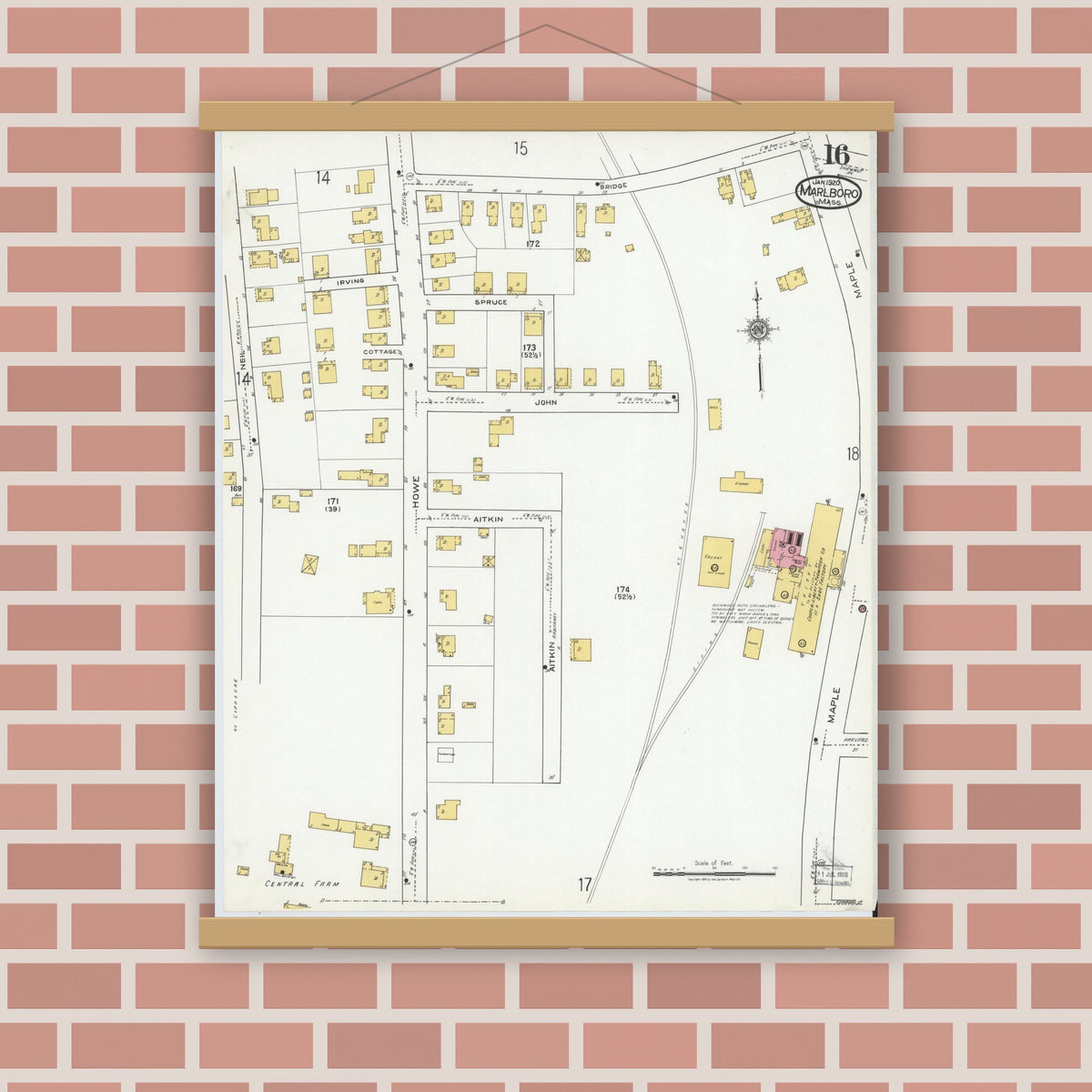 Old map wall art mockup — magnetic wood frame on brick wall — Sanborn Fire Insurance Map from Marlborough, Middlesex County, Massachusetts (1920), Sheet #0016