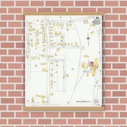 Old map wall art mockup — magnetic wood frame on brick wall — Sanborn Fire Insurance Map from Marlborough, Middlesex County, Massachusetts (1920), Sheet #0016