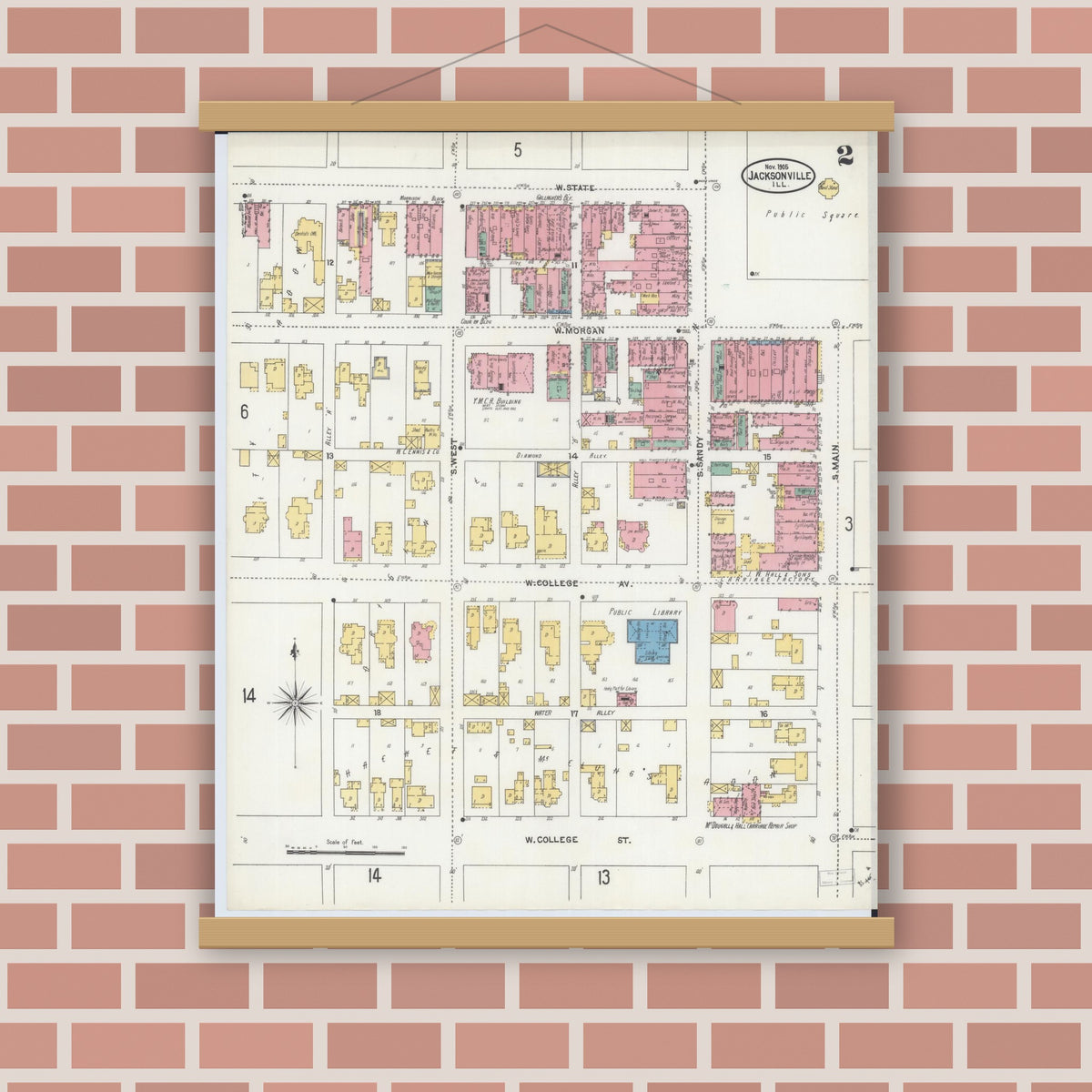 Old map wall art mockup — magnetic wood frame on brick wall — Sanborn Fire Insurance Map from Jacksonville, Morgan County, Illinois (1905), Sheet #0002